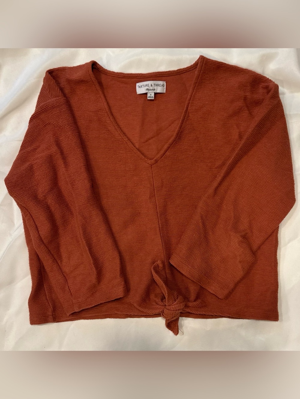 Madewell Texture & Thread Rust Knit V-Neck Tie-Front Top